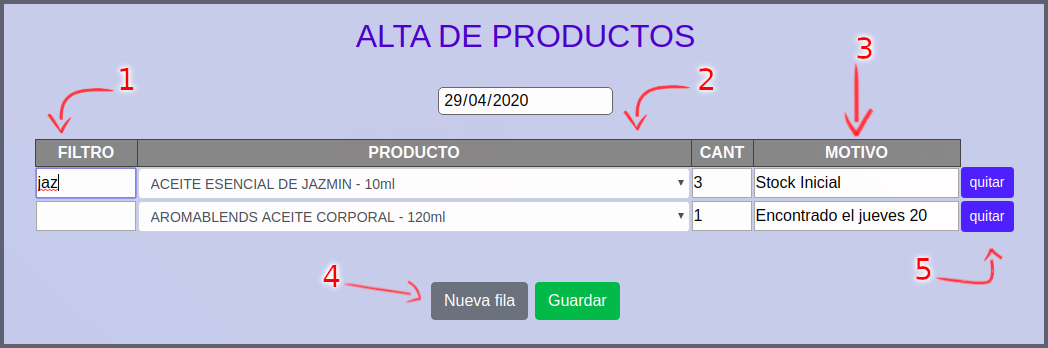 pantalla para el alta de productos