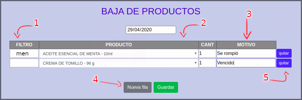 baja de productos